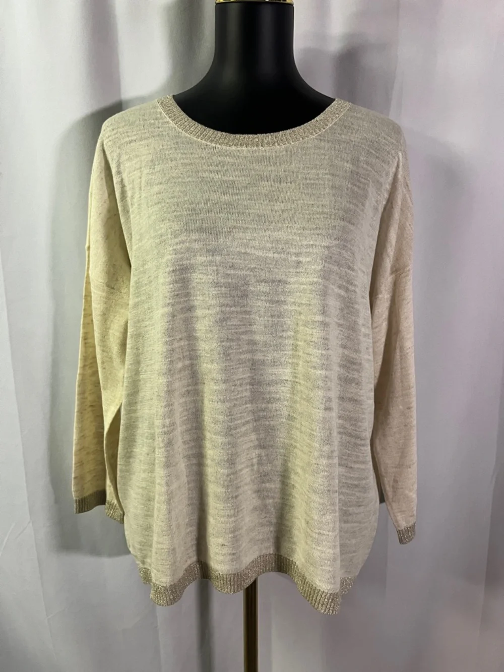 NWT LOFT Cream Gold Shimmer Trim 3/4 Sleeve Linen Blend Sweater